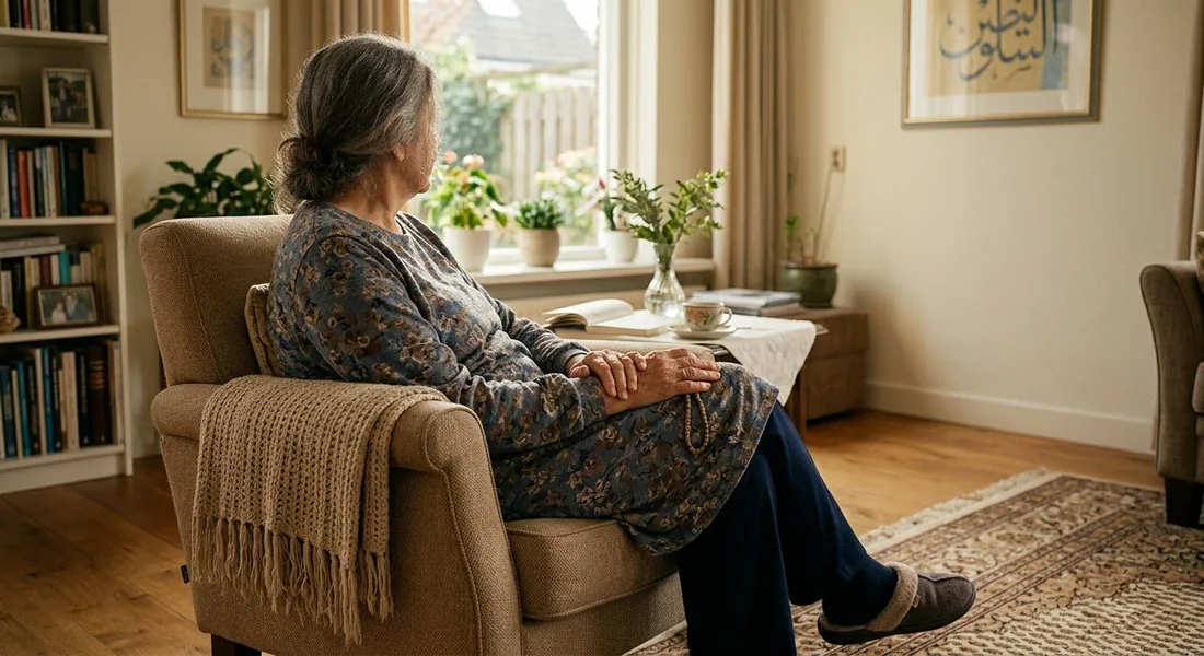 Een oudere vrouw zit in een leunstoel bij het raam van haar woonkamer, met een gebedssnoer in haar handen.